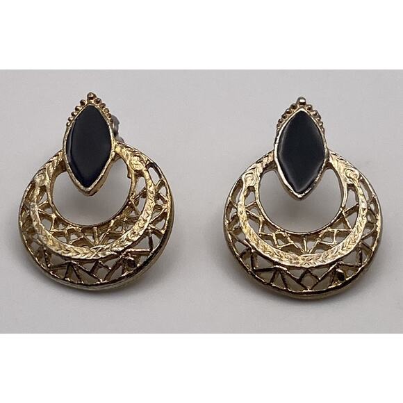 Vintage Black Enamel Gold Tone Open Work Door Knocker Pierced Earrings - Picture 1 of 7